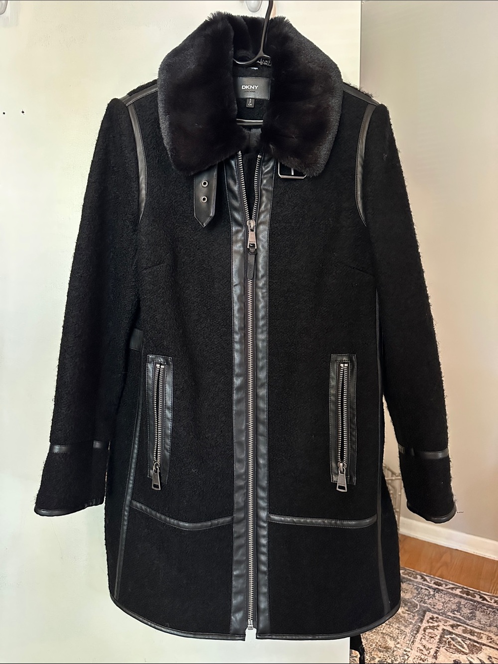 NWOT DKNY Black Wool-Blend Coat with Faux Fur Collar- Size Small
